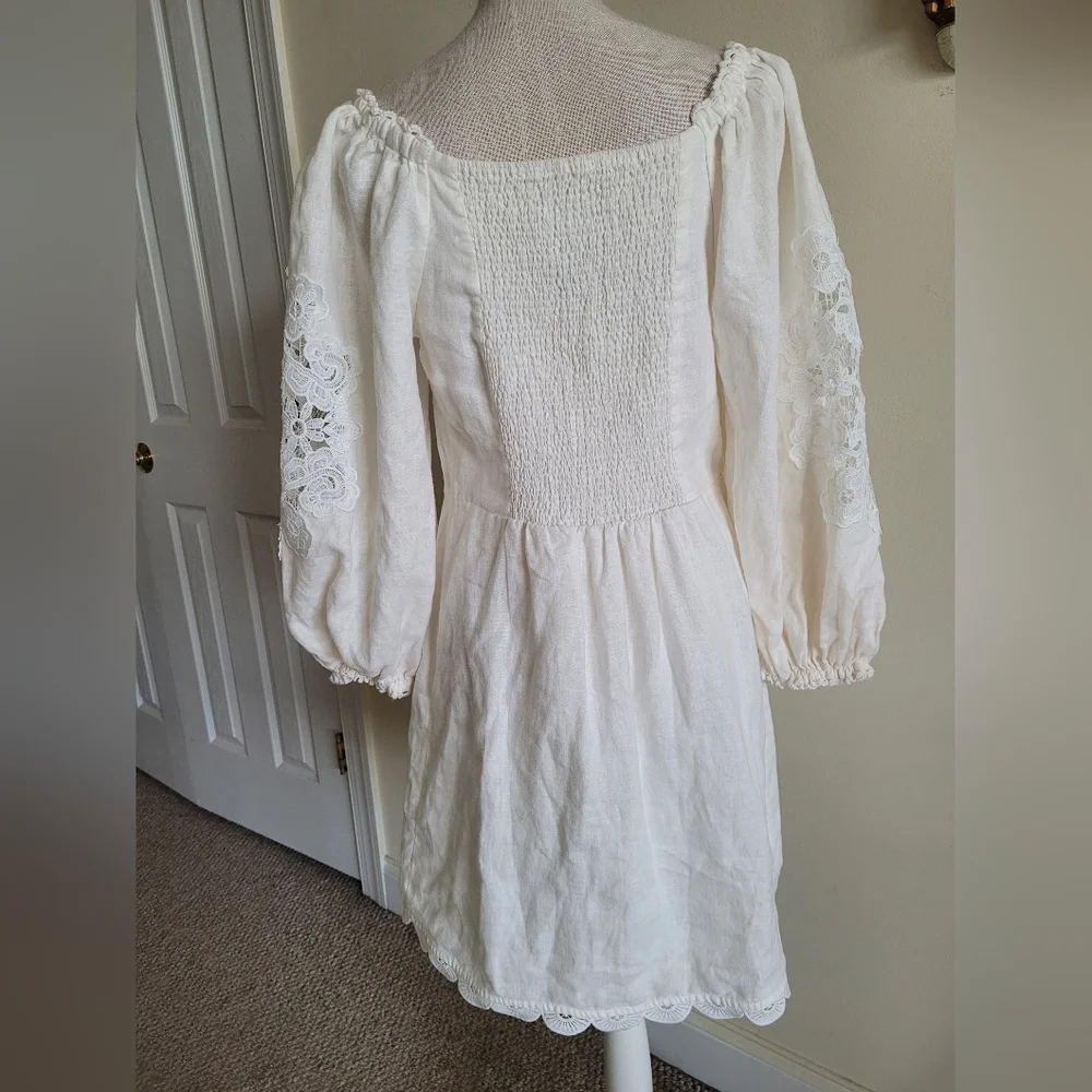 FARM Rio White Eyelet Puff-Sleeve Mini Dress